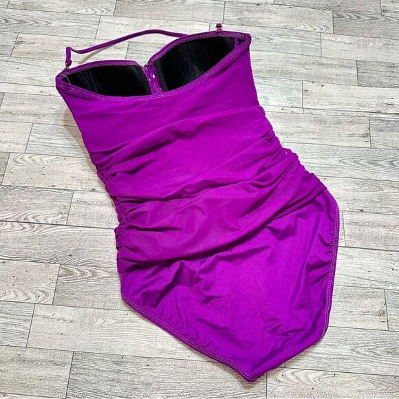 LAUREN RALPH LAUREN RUCHED HALTER LACE UP SLIMMING PURPLE ONE PIECE SWIMSUIT 6 - Picture 4 of 13